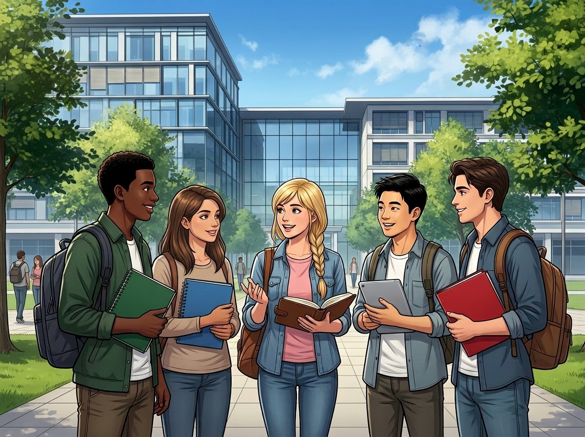 Groupe d'étudiants échangeant sur le campus de leur école